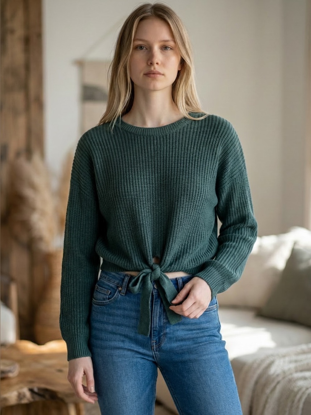 Hollister Sage Green Multi-Way Tie Front Crop Sweater Balloon Sleeve Size S